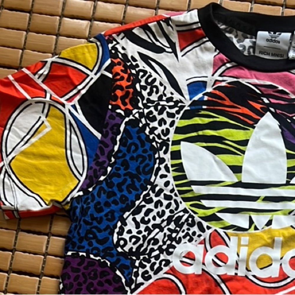 Adidas Red and Pink Short Sleeve Tee with Bold Patterns